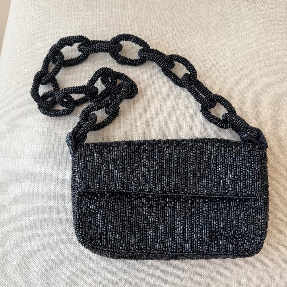 Maeve Anthropologie Black Beaded Shoulder Bag Chunky Chain Link‎ Strap Evening
